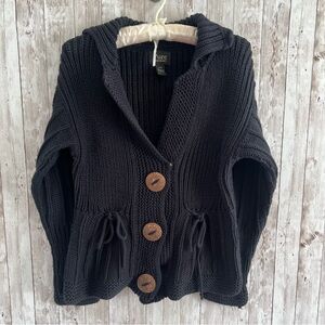 Pure Handknit Black Knit Cardigan Cotton Boho Winter Wooden Buttons S/M